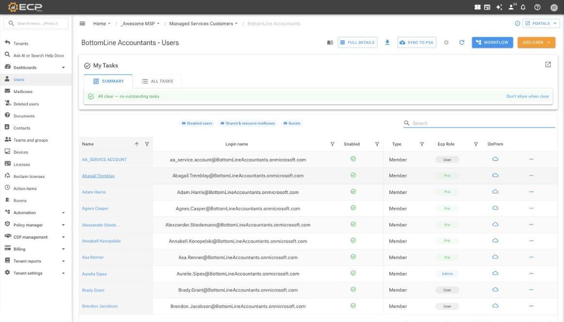 User list for a demo tenant